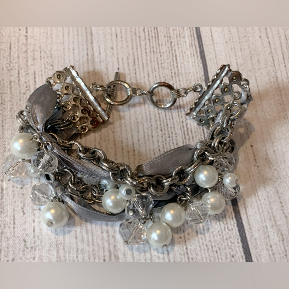 Costume Blue Ribbon Bracelet with Pearl and Crystal Charms